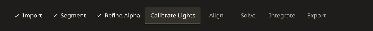 The Leafwork PBR stage bar: Import, Segment and Refine Alpha complete, Calibrate Lights active, then Align, Solve, Integrate, Export.